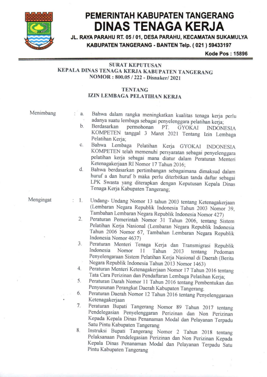 Dokumen izin lembaga pelatihan kerja disnaker Kab.Tangerang